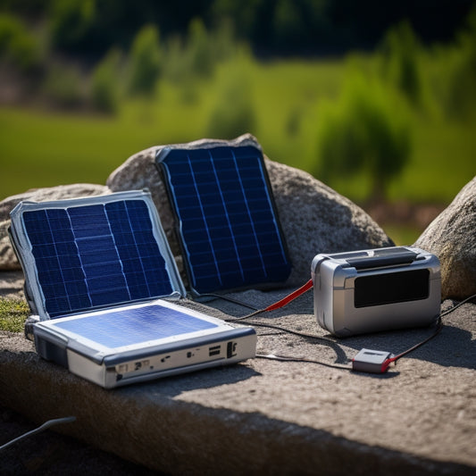 A compact, portable solar panel with a sleek, modern design, accompanied by a small battery pack, wires, and a miniature toolkit, set against a serene, natural outdoor background.