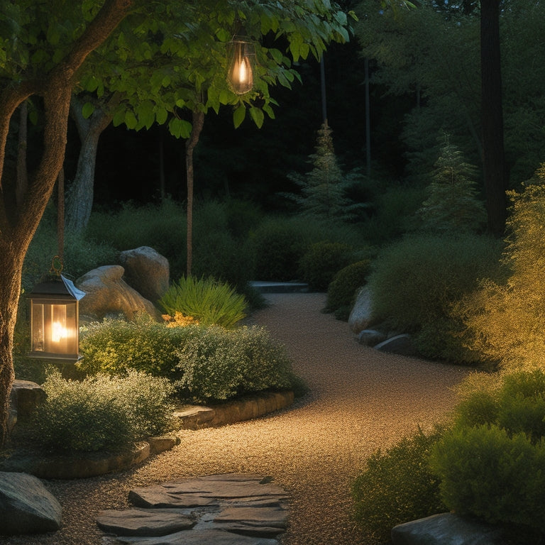 A serene garden at dusk, softly illuminated by warm, glowing string lights draped between trees, lanterns lining a stone pathway, and subtle uplighting on plants, creating a tranquil, inviting atmosphere.