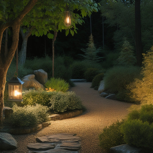 A serene garden at dusk, softly illuminated by warm, glowing string lights draped between trees, lanterns lining a stone pathway, and subtle uplighting on plants, creating a tranquil, inviting atmosphere.