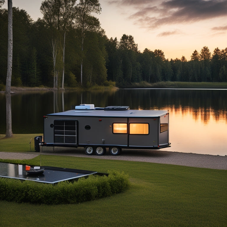 A serene RV campsite at dusk with a sleek, black solar panel array on the roof, connected to a compact battery bank and inverter system, surrounded by lush greenery and a calm lake in the background.