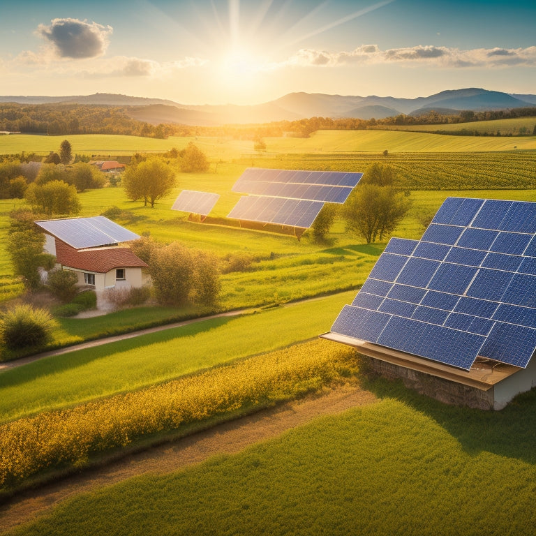 A serene rural landscape with solar panels glistening under the sun, surrounded by green fields and a small village in the background, showcasing vibrant community life and sustainable energy in harmony with nature.