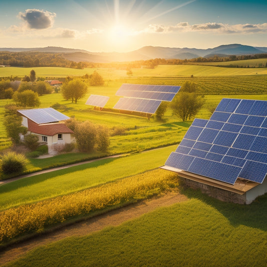 A serene rural landscape with solar panels glistening under the sun, surrounded by green fields and a small village in the background, showcasing vibrant community life and sustainable energy in harmony with nature.