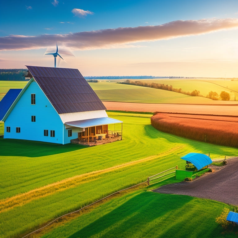 A serene rural landscape with a red barn, wind turbines spinning in the distance, and solar panels installed on the roof of a farmhouse, surrounded by lush green fields and a bright blue sky.