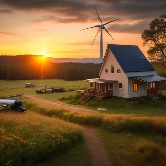 A serene off-grid homestead at sunset, featuring a rustic cabin surrounded by lush greenery, with a prominent wind turbine, solar panels, and a battery bank in the foreground.