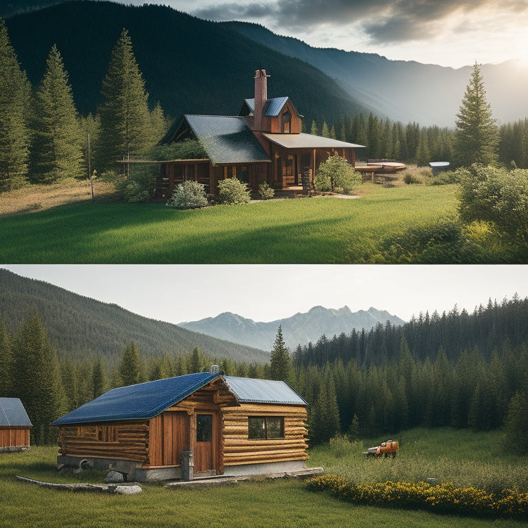A rustic cabin surrounded by solar panels, wind turbines, and a rainwater collection system, set against a backdrop of lush greenery and mountains, showcasing an eco-friendly lifestyle with vibrant, natural colors.
