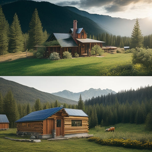 A rustic cabin surrounded by solar panels, wind turbines, and a rainwater collection system, set against a backdrop of lush greenery and mountains, showcasing an eco-friendly lifestyle with vibrant, natural colors.