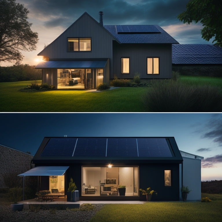 A split-screen image: a darkened home with a high electricity bill on a laptop screen, contrasted with a bright, eco-friendly home powered by a sleek solar panel system with a battery pack.