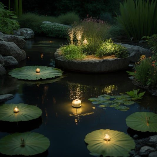 A serene pond illuminated by soft, waterproof garden lights. Lush greenery surrounds the water, with gentle ripples reflecting vibrant colors. Nearby, elegant water features glisten under the warm glow, creating a tranquil atmosphere.