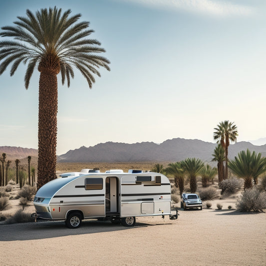 A serene desert landscape with a sleek, silver RV parked in the shade of a lone palm tree, its roof adorned with sleek solar panels and a subtle array of batteries visible beneath.