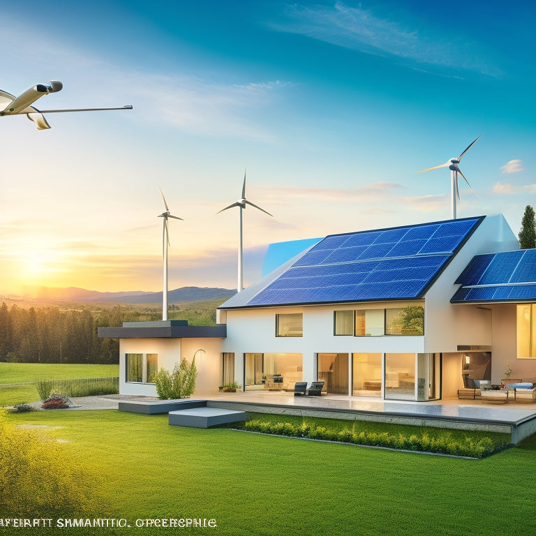 A serene landscape showcasing a modern smart home surrounded by solar panels, wind turbines, and energy-efficient appliances, with a digital interface overlay displaying energy consumption analytics and optimization graphs in vibrant colors.