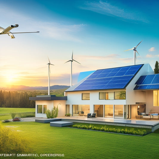 A serene landscape showcasing a modern smart home surrounded by solar panels, wind turbines, and energy-efficient appliances, with a digital interface overlay displaying energy consumption analytics and optimization graphs in vibrant colors.