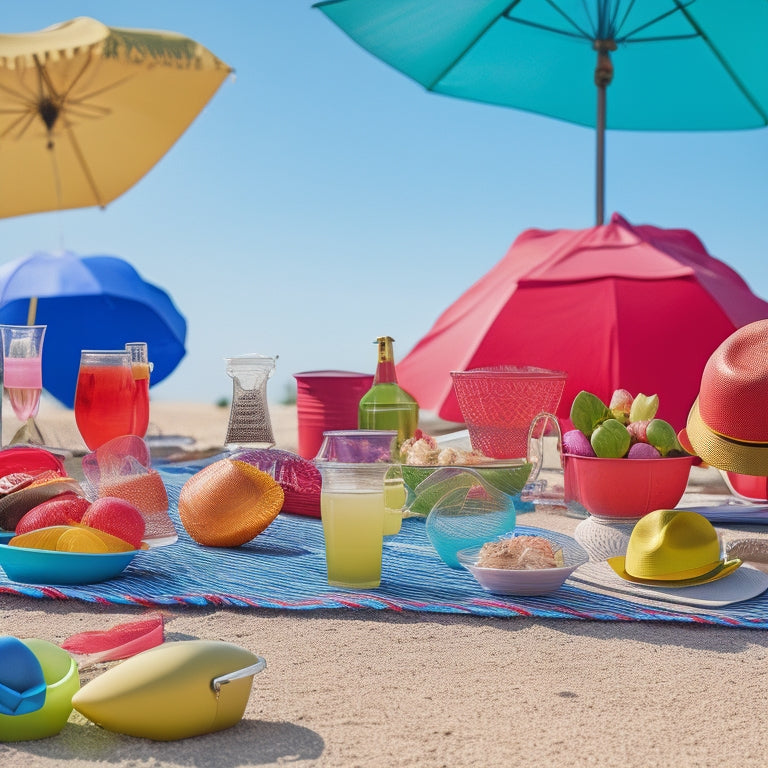 A vibrant summer scene featuring various portable fans in different styles and colors, surrounded by sun hats, sunglasses, and refreshing drinks, with a backdrop of a sunny park and people enjoying outdoor activities.