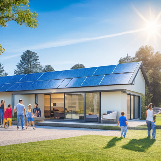A modern home with solar panels on the roof, a sleek energy storage unit in the garage, surrounded by vibrant greenery, showcasing a family enjoying outdoor activities powered by renewable energy under a bright blue sky.