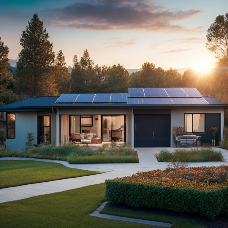 A photograph of a modern home's backyard with a sleek, grid-mounted solar panel array and a nearby, partially-shaded bank of sleek, black, cylindrical batteries with copper accents.