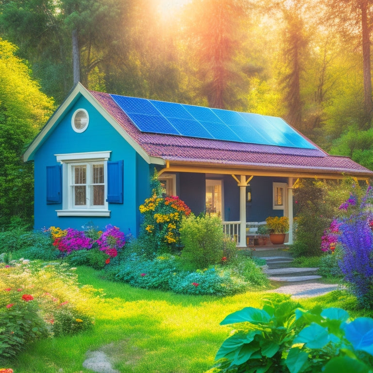 A cozy small house with solar panels on the roof, surrounded by lush greenery, sunlight filtering through trees, and a bright blue sky. A garden with vibrant flowers adds a touch of color and warmth.