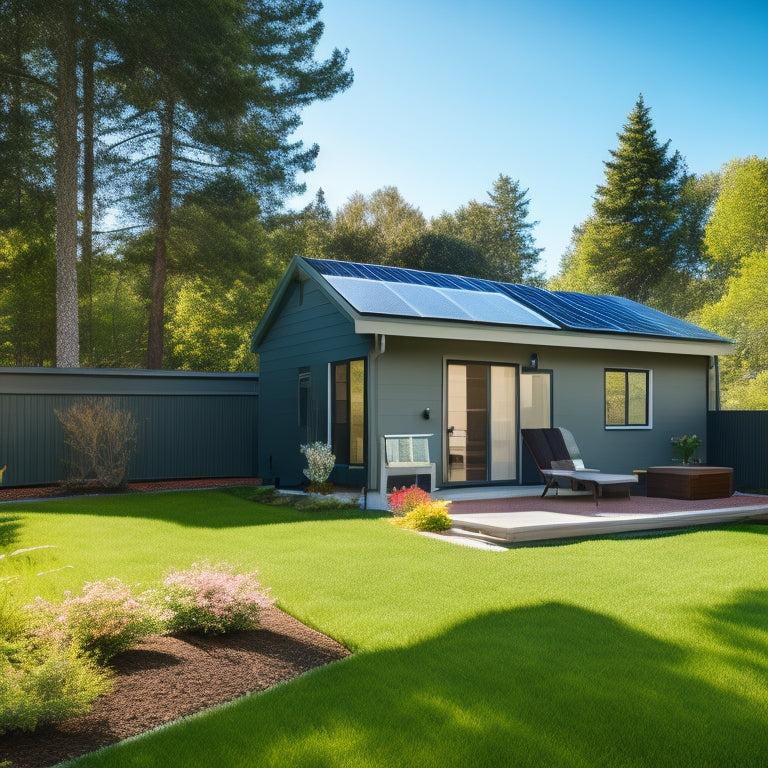 A serene, sunny backyard with a small, modern house in the background, featuring a sleek, black solar panel array on the roof and a compact, grey battery backup system tucked away in the shadows.