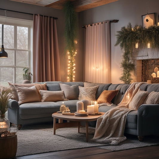Cozy living room with twinkling string lights wrapped around furniture, drapes, and houseplants, warm glow on textured walls, and plush throw blankets, with a few fairy lights hanging from the ceiling.