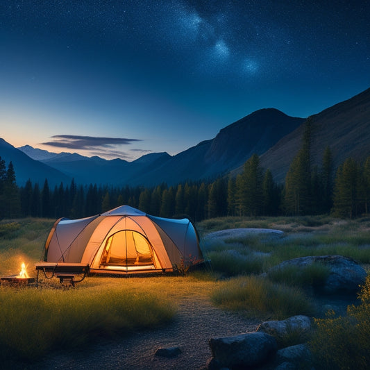 A serene campsite at dusk, featuring a modern solar-powered tent with solar panels on the roof, surrounded by lush greenery, glowing lanterns, and a campfire, under a starry sky with mountains in the background.