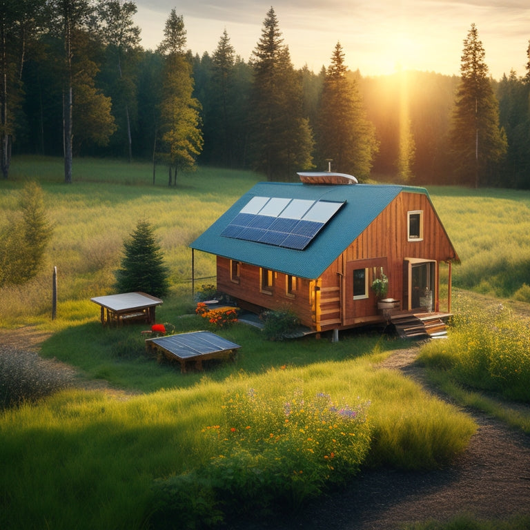 A serene rural landscape with a small cabin, surrounded by lush greenery, featuring a DIY off-grid solar system with six photovoltaic panels tilted at an angle, connected to a battery bank and inverter.