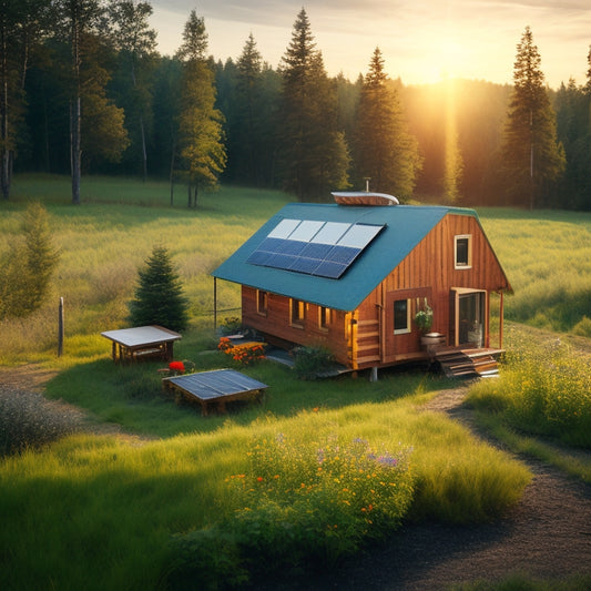 A serene rural landscape with a small cabin, surrounded by lush greenery, featuring a DIY off-grid solar system with six photovoltaic panels tilted at an angle, connected to a battery bank and inverter.