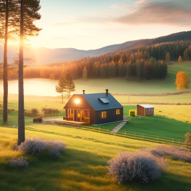 A serene rural landscape with a small cabin in the distance, surrounded by rolling hills and trees, featuring a sleek off-grid solar system with panels angled towards the sun.