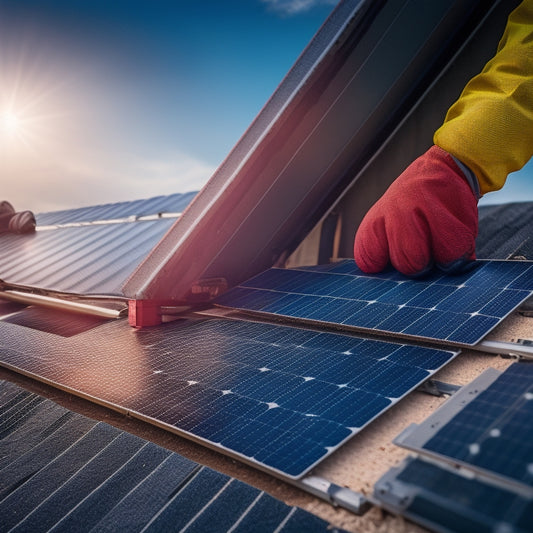A close-up of a gloved hand holding a solar panel, with shingle roof tiles and roofing nails in the background, surrounded by measurement tools and a ladder.