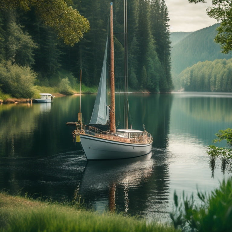 A serene lake scene with a stranded sailboat, its engines dead, surrounded by calm waters and lush greenery, with a faint battery symbol overlaid on the boat's deck, hinting at a power crisis.