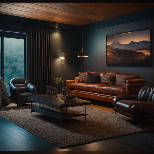 A modern, dimly lit man cave with a statement feature wall covered in sleek, black solar panels, surrounded by dark wood accents and industrial-chic decor, with a single, plush leather armchair.