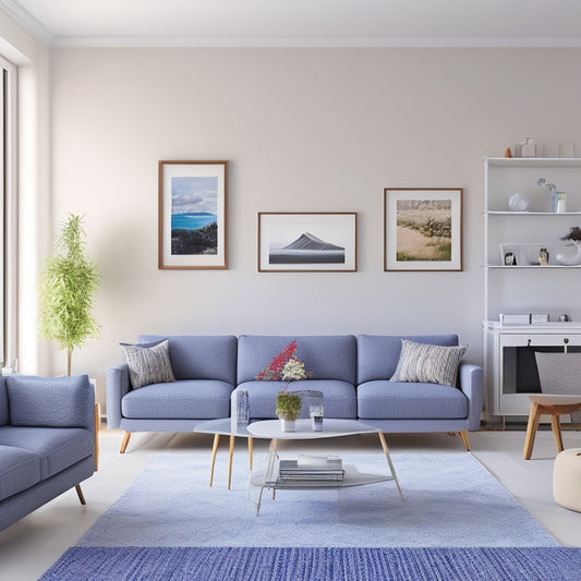 A bright, modern living room with 5 sleek, compact inverter air conditioners of different brands on a white shelf, surrounded by subtle online shopping icons and subtle price tags.