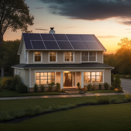 A serene suburban home at sunset with a sleek, compact energy storage system installed beside a solar panel array, surrounded by lush greenery and a faint electric circuit pattern in the sky.