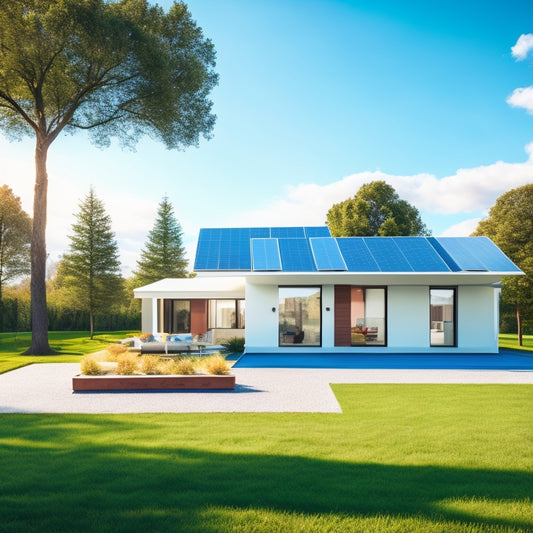 A modern, sleek house with solar panels on the roof, a battery system in the background, and a green lawn with a few trees, surrounded by a white fence, under a bright blue sky with fluffy white clouds.