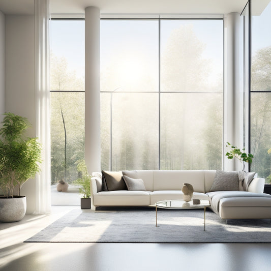 An airy, modern living room with floor-to-ceiling windows, featuring a sleek, minimalist room divider with integrated solar panels, softly glowing with a warm, ambient light.