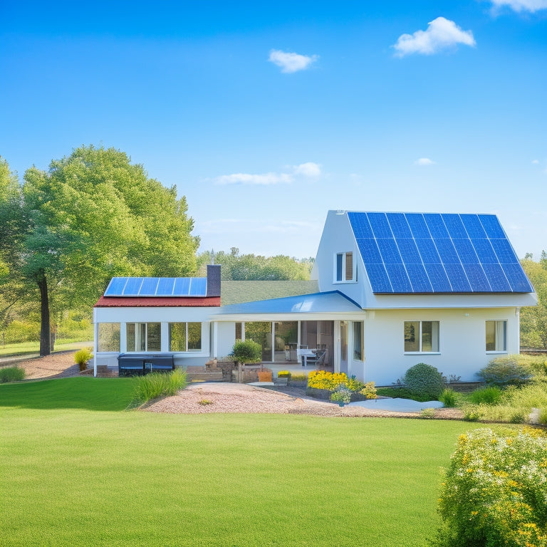 A serene self-sufficient home surrounded by nature, featuring solar panels on the roof, a lush garden, and a wind turbine in the background, under a bright blue sky with fluffy white clouds.