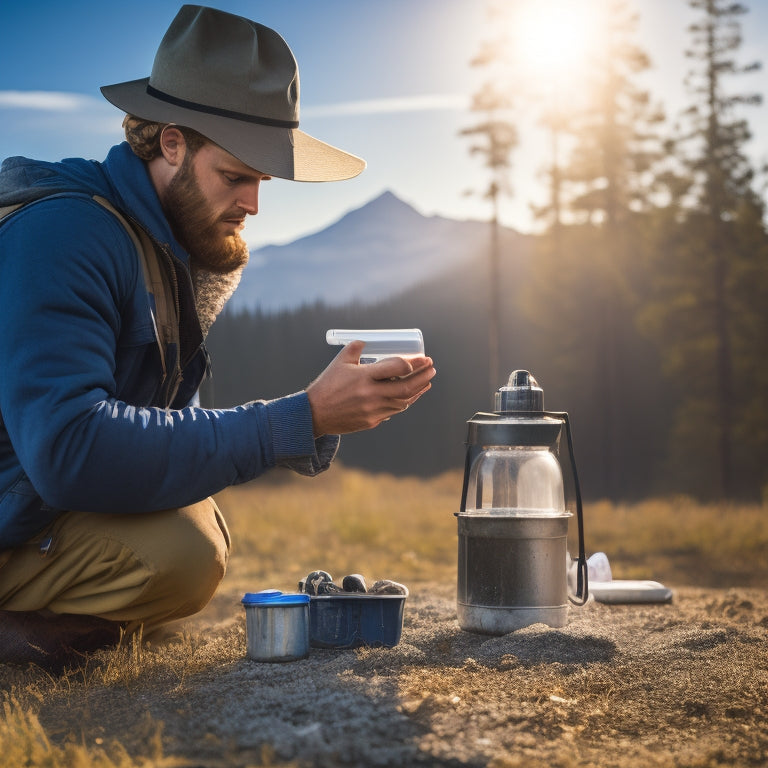 A person in a rugged outdoor setting, wearing gloves and a hat, gently spraying a portable solar panel with a mist of water from a spray bottle, with a soft-bristled brush nearby.