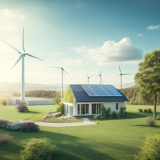 A serene landscape with a small, modern house surrounded by lush greenery, solar panels on the roof, and a wind turbine in the distance, under a bright blue sky with fluffy white clouds.
