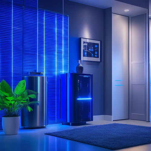 A modern home interior with a sleek, compact power storage battery system in the corner, featuring a set of stacked, angular modules with metallic casings and glowing blue LED strips.