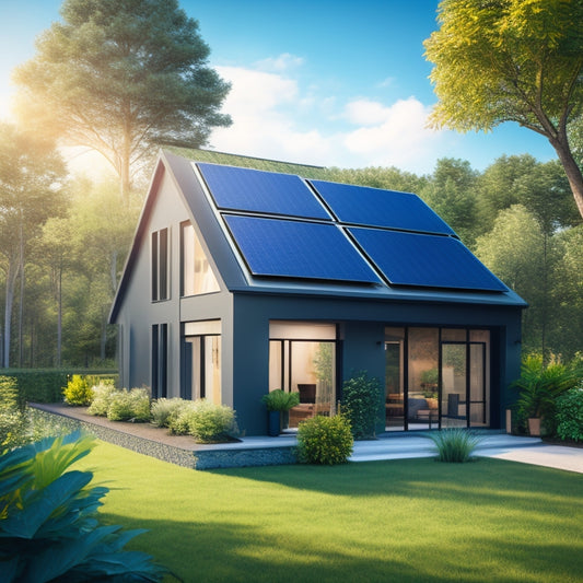 A photorealistic illustration of a modern residential house with a sleek, black solar panel array installed on the rooftop, surrounded by lush green trees and a bright blue sky.