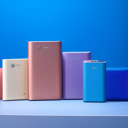 A sleek array of compact power banks in various colors and designs, elegantly displayed on a minimalist surface, with soft, natural lighting highlighting their portability and modern aesthetics.