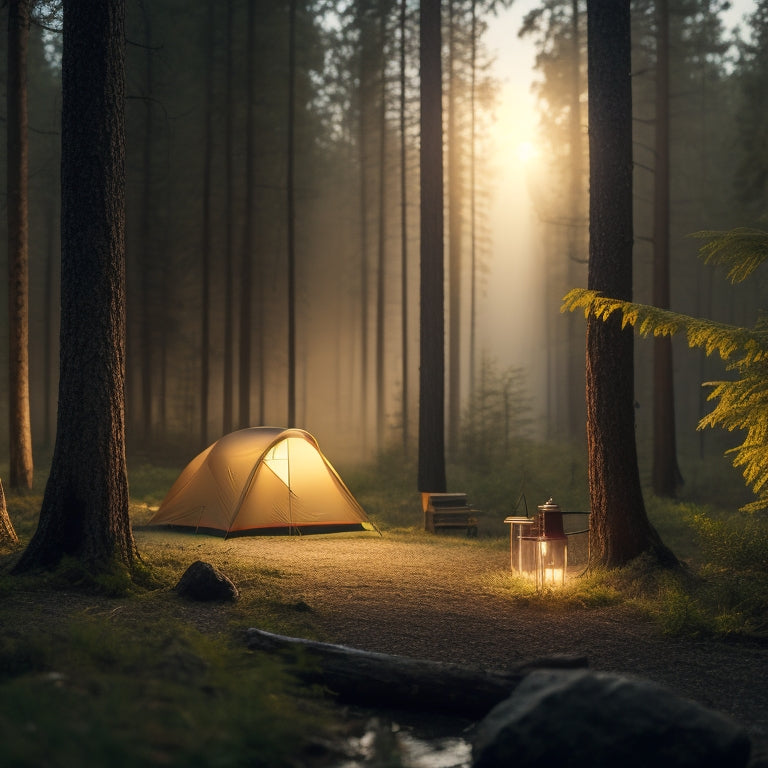 A serene forest campsite at dusk with a solar panel, portable power station, and lantern illuminating a tent, surrounded by trees, with a subtle mist and warm golden lighting.