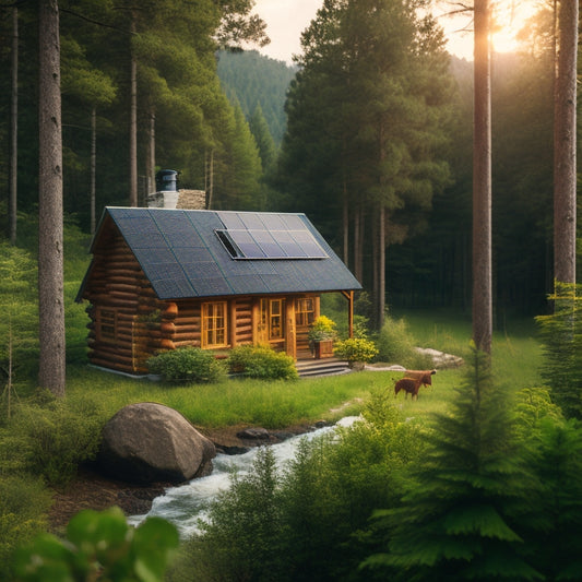 A serene, secluded cabin surrounded by lush greenery, with solar panels on the roof, a rainwater harvesting system, and a small wind turbine spinning in the distance.