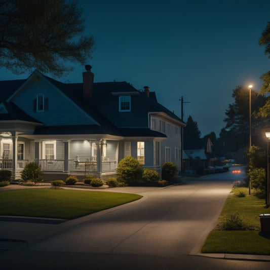 A nighttime suburban street with a single house lit up, surrounded by darkened neighbors, powered by a generator or backup system, with a subtle glow emanating from the windows.