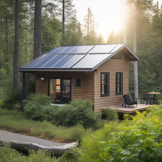 A serene, off-grid cabin surrounded by lush greenery, with a rooftop solar panel array and a sleek, modern battery bank installed on the porch, connected to a compact inverter.