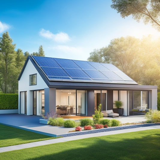 A modern home with sleek solar panels on the roof, surrounded by a lush garden and bright blue sky, showcasing energy efficiency. Include a clear view of a sunny neighborhood with similar homes.