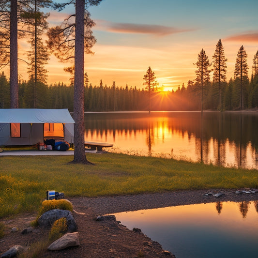 A serene remote campsite at sunset, featuring sleek portable solar panels set up beside a cozy tent, with a compact battery storage unit nearby, surrounded by pine trees and a tranquil lake reflecting the golden light.