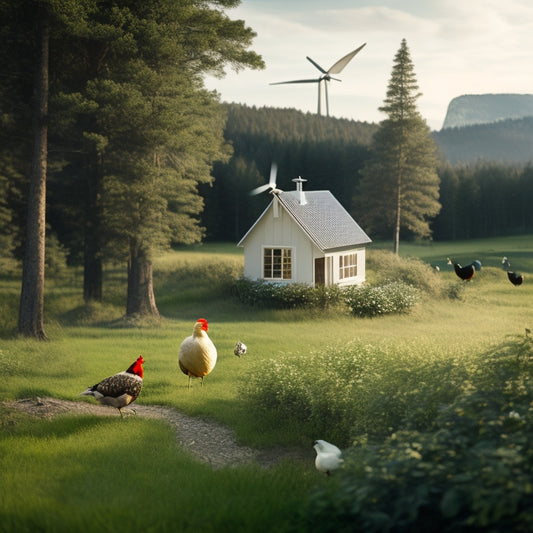 A serene landscape featuring a small, eco-friendly cabin amidst lush greenery, with a wind turbine and solar panels, surrounded by a garden and a few chickens roaming freely.