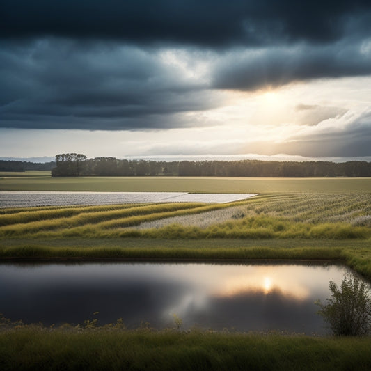 A serene landscape with dark, overcast skies, showcasing solar panels glistening with raindrops, surrounded by lush green fields. Sunlight breaks through the clouds, casting soft rays on the panels, highlighting their reflective surfaces.