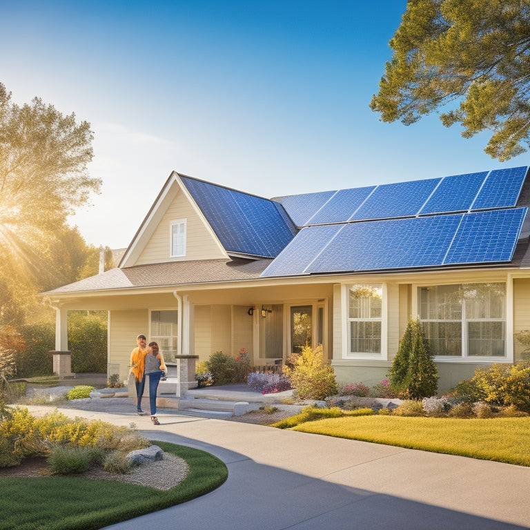 A vibrant neighborhood showcasing well-maintained homes with solar panels glistening in the sun, a roofer inspecting a roof, lush greenery around, and a clear blue sky to evoke a sense of harmony and sustainability.