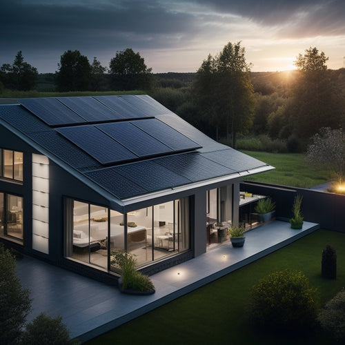 A modern home's rooftop with sleek black solar panels, a shiny silver battery unit in the background, and a subtle green glow emanating from the battery's LED indicators.