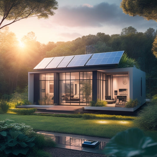A futuristic, sleek illustration of a modern home with solar panels on the roof, surrounded by lush greenery, with a subtle glow emanating from the windows, and a battery backup system prominently displayed.