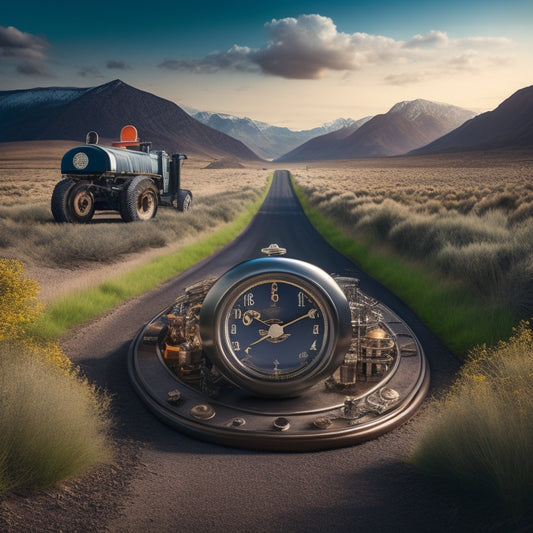 An illustration showcasing a deep cycle battery with a long, winding road in the background, symbolizing its extended lifespan, surrounded by icons of regular maintenance, such as a clock, gears, and a gauge.